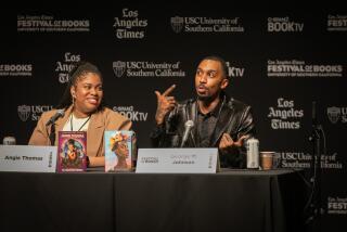 Los Angeles, CA - April 23: Angie Thomas and George M. Johnson talks at the Defending the Right To Read panel at the 43rd annual LA Times Festival of Books on Sunday, April 23, 2023 in Los Angeles, CA. (Jason Armond / Los Angeles Times)