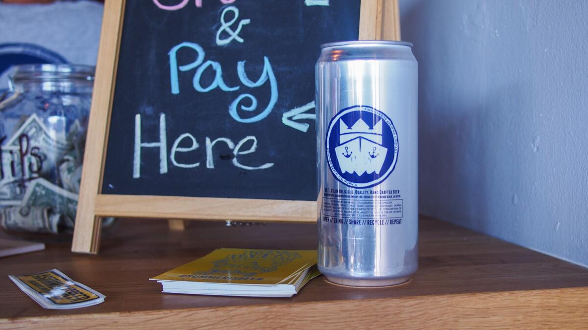 A crowler (32-ounce can) from King Harbor.