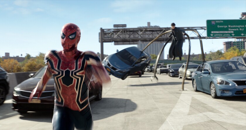 Doc Ock (Alfred Molina) and Spider-Man battle it out in ‘Spider-Man: No Way Home’. 