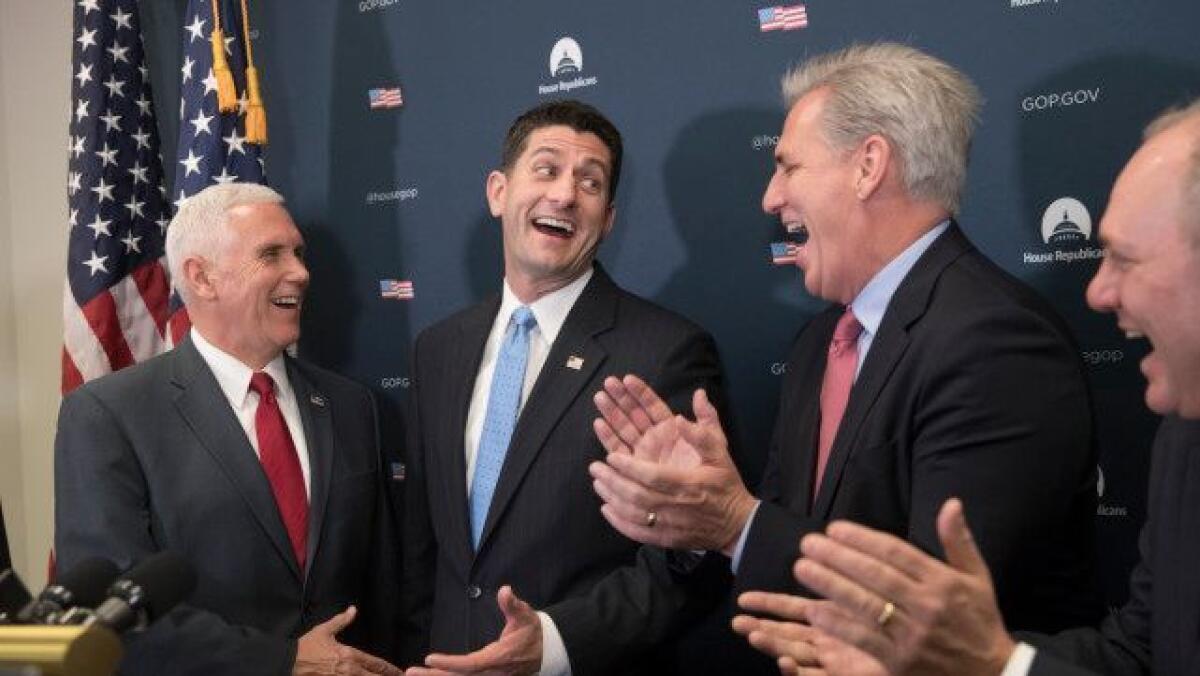 Not a laughing matter for ACA customers: VP-elect Mike Pence, left, shares a joke with (from second from left) House Speaker Paul Ryan of Wis., House Majority Leader Kevin McCarthy of Calif., and House Majority Whip Steve Scalise of Louisiana.