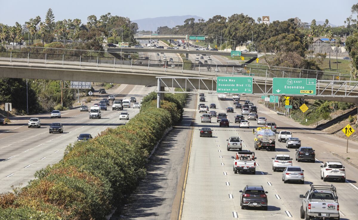 Traffic on I-5 looking north from Las Flores Drive in Carlsbad, where state officials plan to add two HOV lanes.