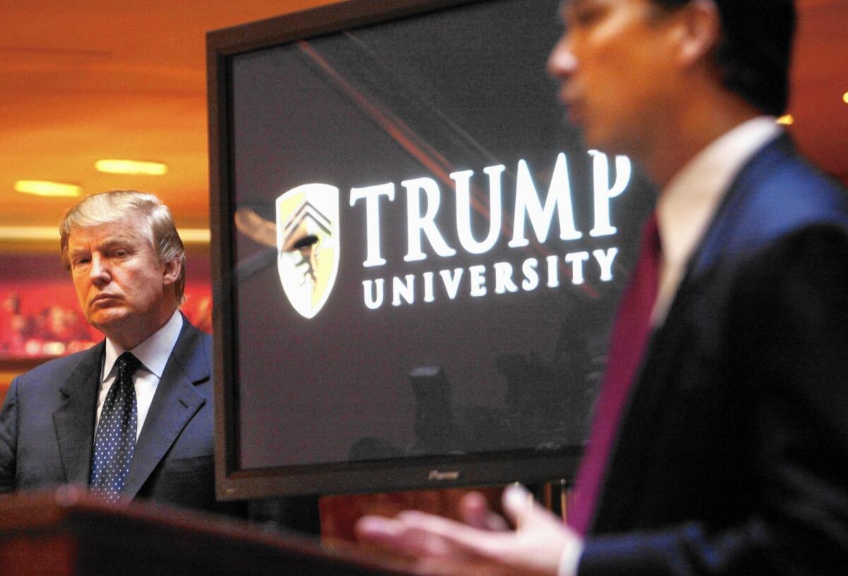 Donald Trump at a 2005 news conference in New York where he announced the establishment of Trump University.