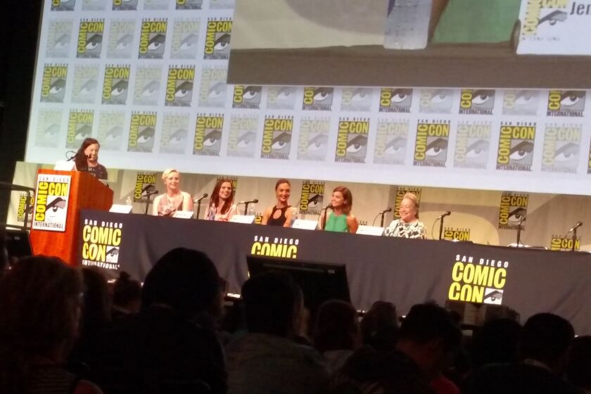 EW's Sara Vilkomerson, left, and actresses Gwendoline Christie, Hayley Atwell, Gal Godot, Jenna Coleman and Kathy Bates at Comic-Con.