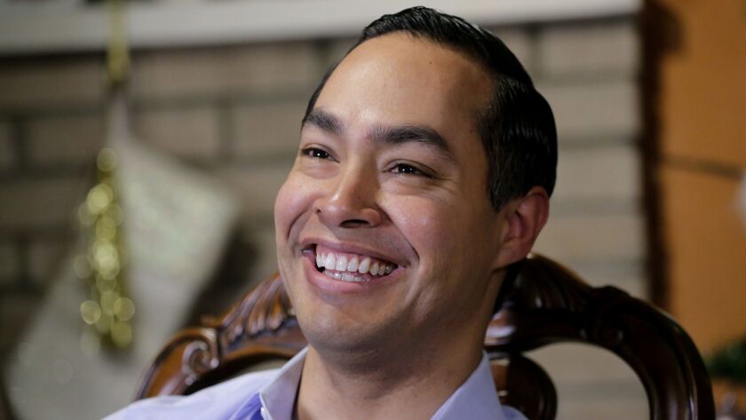 Democrat Julian Castro talks about exploring the possibility of running for president in 2020, at his home in San Antonio on Tuesday.