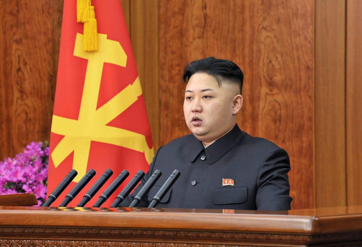 North Korean leader Kim Jong Un delivers a New Year's Day address in Pyongyang, North Korea. According to United Nations' rights investigators, crimes against humanity are being committed in North Korea under the personal control of Un. They have called for the International Criminal Court in The Hague to take action.