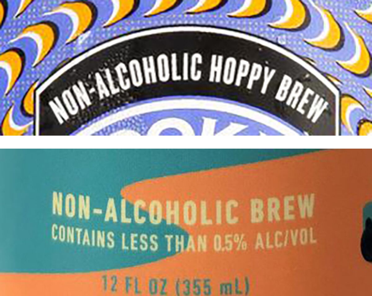 Partial labels from two nonalcoholic beers.
