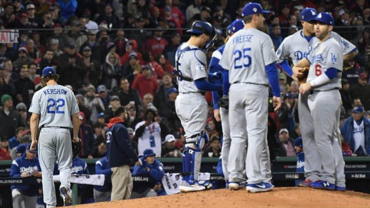Dodgers pitcher Clayton Kershaw is taken out in the fifth inning of Game 1 of the World Series at Fenway Park on Oct. 23.
