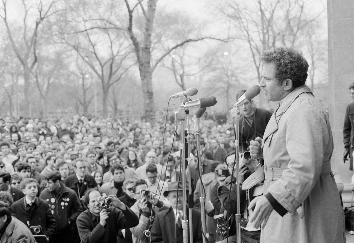 Author Norman Mailer speaks at an anti-war rally at the bandshell in New York's Central Park, in this March 26, 1966 file photo.