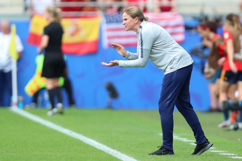 Mandatory Credit: Photo by TOLGA BOZOGLU/EPA-EFE/REX (10320464an) Head coach Jill Ellis of USA reacts during the FIFA Women's World Cup 2019 round of 16 soccer match between Spain and USA at Reims, France, 24 June 2019. FIFA Women's World Cup 2019, Reims, France - 24 Jun 2019 ** Usable by LA, CT and MoD ONLY **