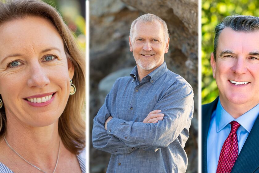 Candidates for California's 38th District State Senate Catherine Blakespear, Matt Gunderson and Joe Kerr.