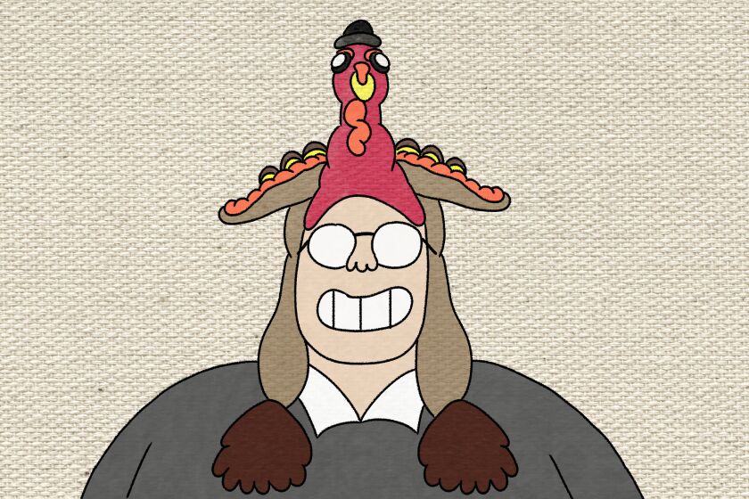 Illustration of Adam Tschorn in a turkey-shaped hat