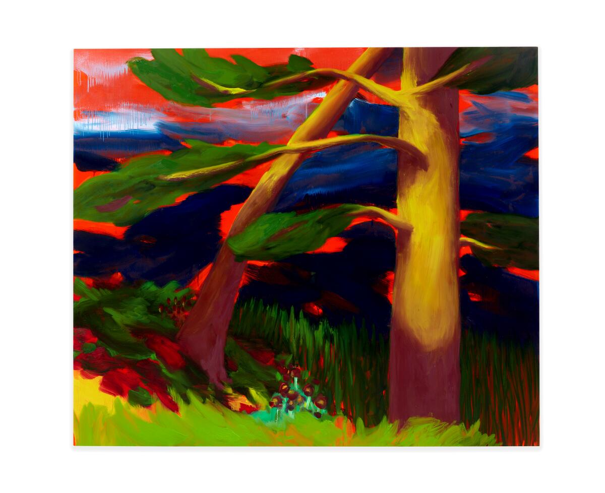 A painting of trees made of bold colors.