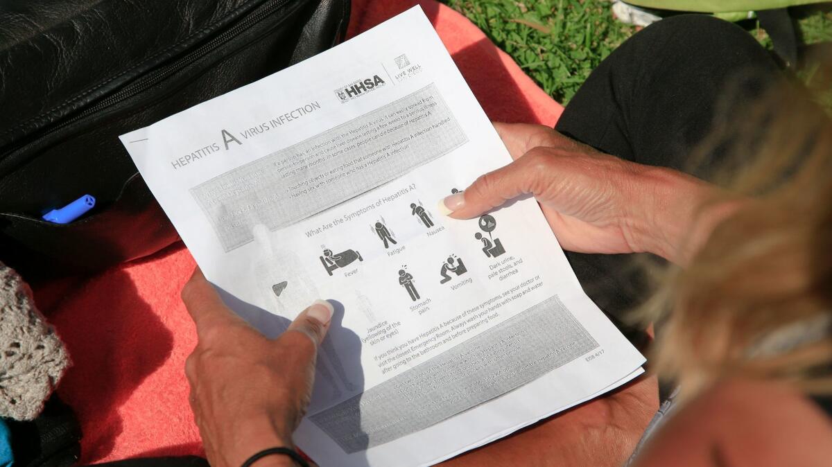 Information from the San Diego County Health and Human Services Agency has been handed out to homeless residents in parks, informing them of hepatitis A symptoms and prevention.