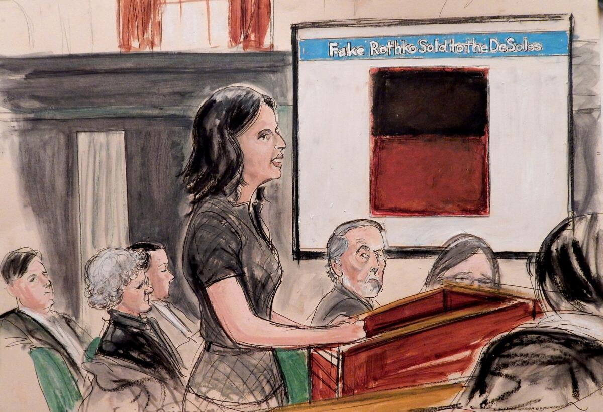 In a courtroom sketch from late January, the prosecuting attorney gives an opening statement in the fraud trial of Manhattan's now shuttered Knoedler & Co. gallery.