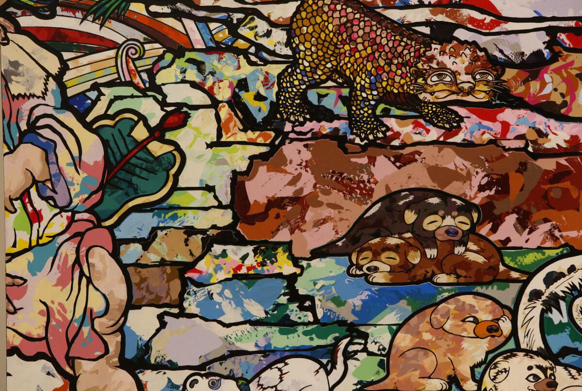 Detail of a panel as the art handlers install the 2014 painting by Takashi Murakami, "In the Land of the Dead, Stepping on the Tail of a Rainbow," in the Broad Museum.