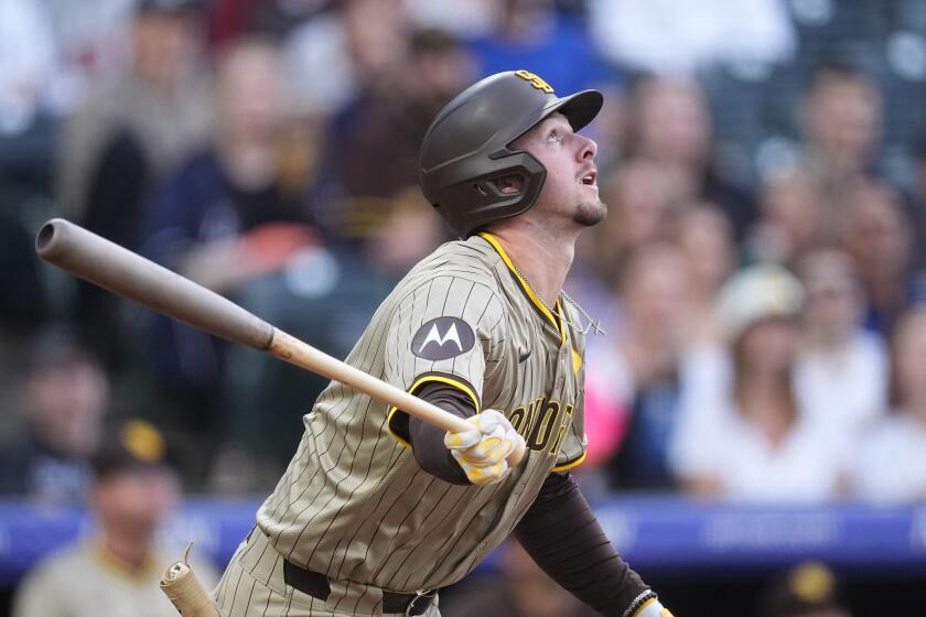San Diego Padres outfielder Jackson Merrill (3) in the second inning of a baseball game Monday, April 22, 2024, in Denver. (AP Photo/David Zalubowski)