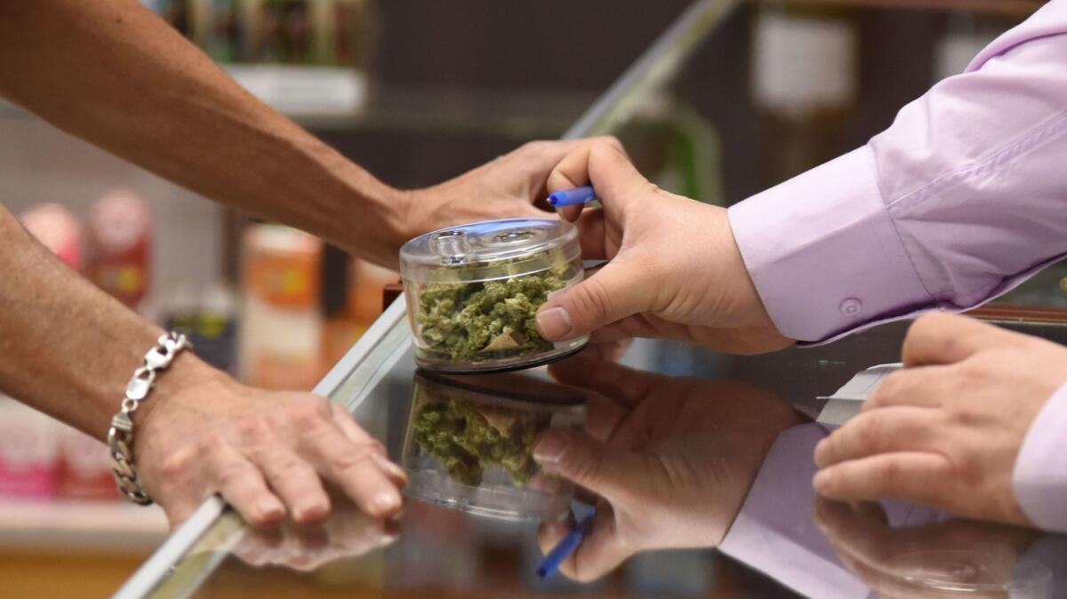 A customer peruses marijuana buds at the Green Pearl Organics dispensary in Desert Hot Springs, Calif., on Jan. 1.