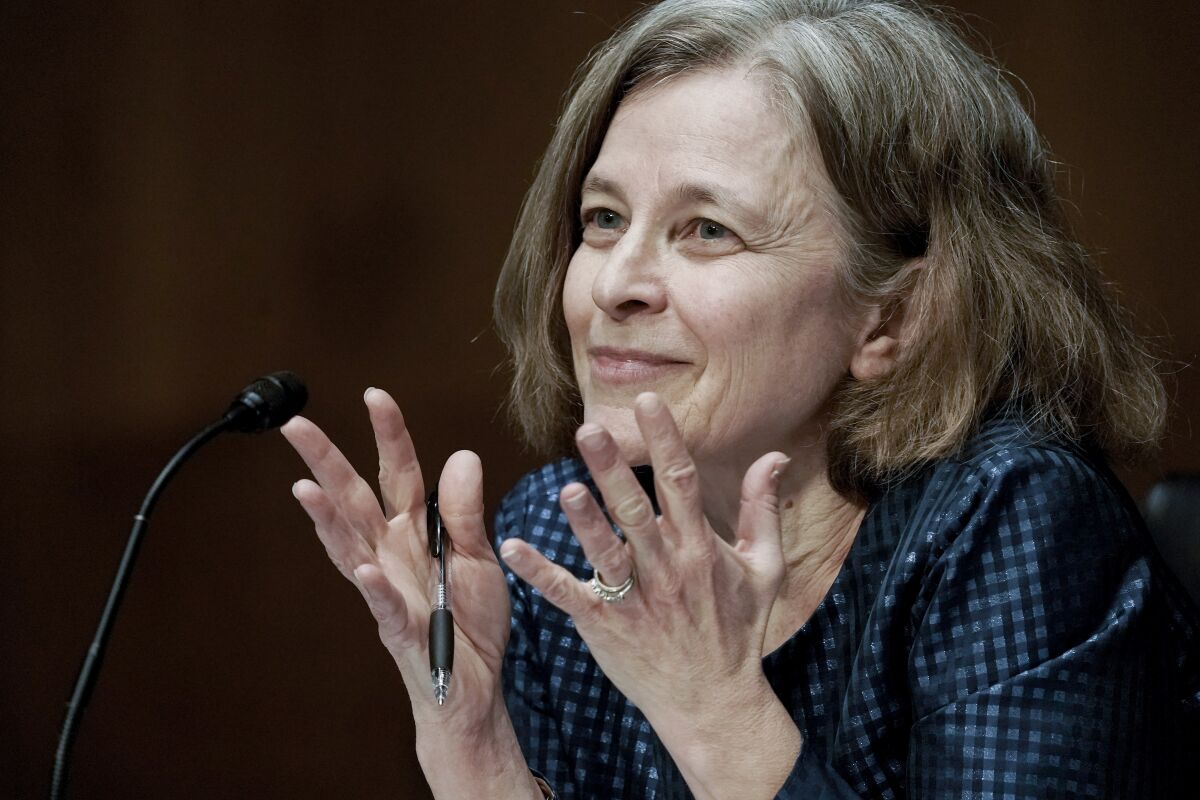 Sarah Bloom Raskin, a nominee to be the Federal Reserve's Board of Governors vice chair for supervision, speaks during the Senate Banking, Housing and Urban Affairs Committee confirmation hearing on Thursday, Feb. 3, 2022, in Washington. (Ken Cedeno/Pool via AP)