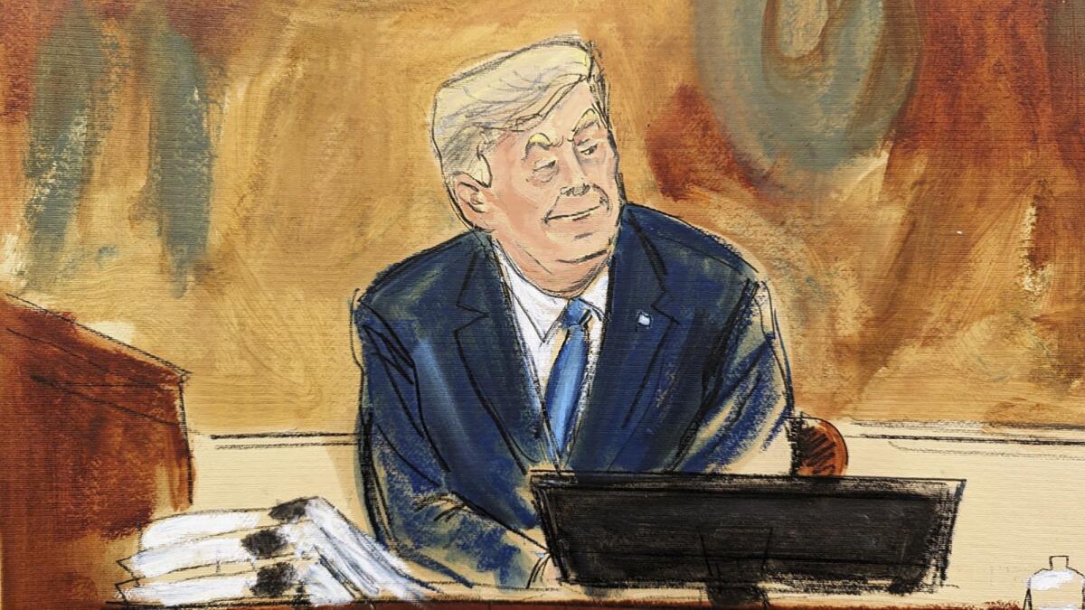 A courtroom sketch of former President Trump smirking on the witness stand
