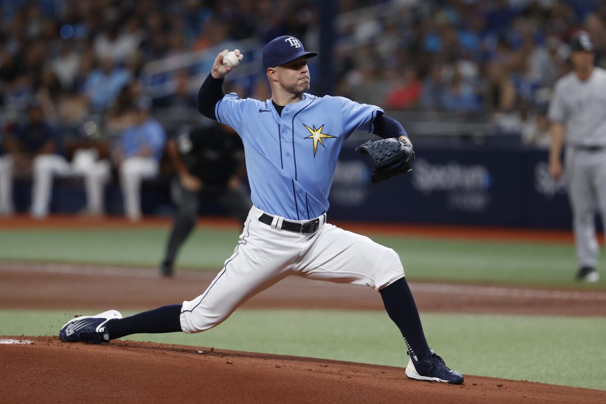 Tampa Bay Rays starting pitcher Corey Kluber throws to a New York Yankees batter during the first inning of a baseball game Saturday, Sept. 3 2022, in St. Petersburg, Fla. (AP Photo/Scott Audette)