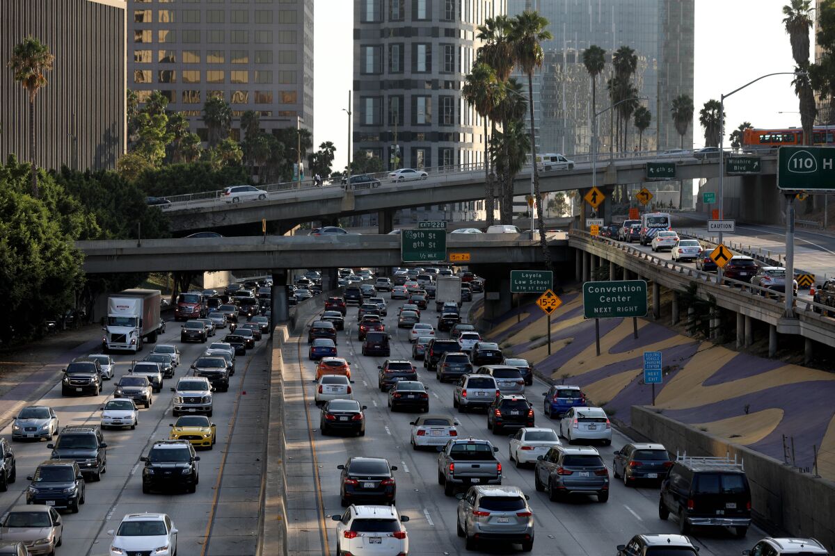 Traffic in downtown Los Angeles seen from the 110 Freeway.
