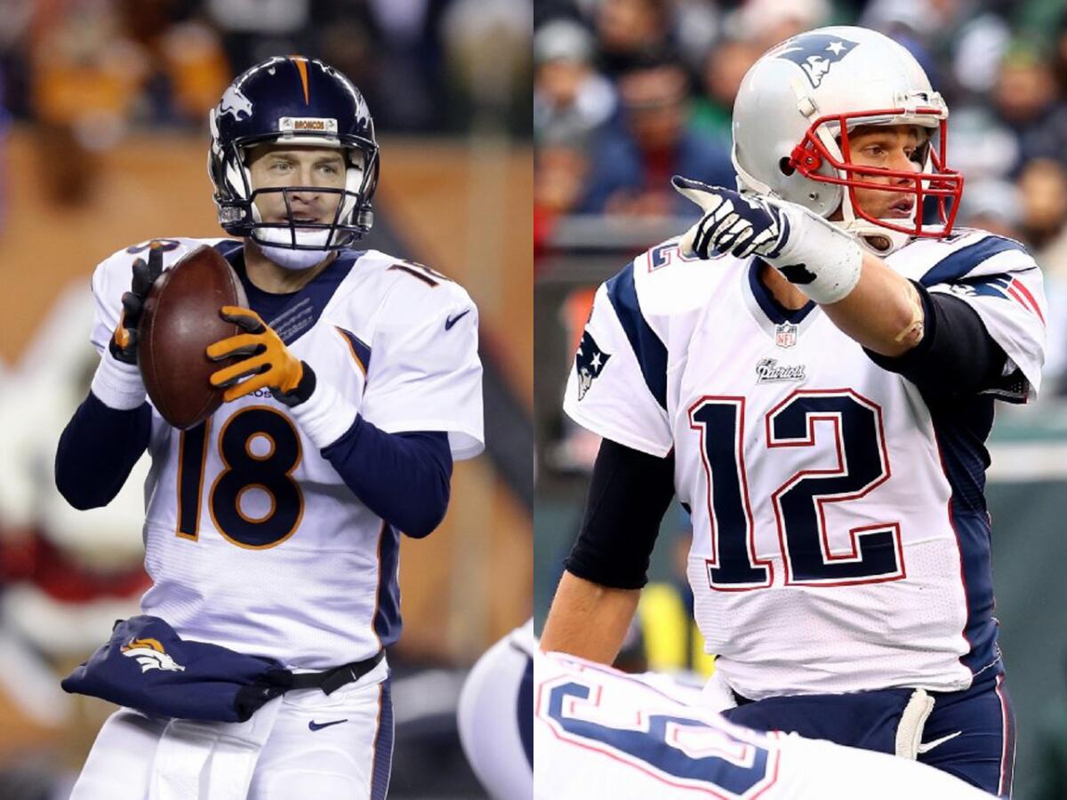 Broncos quarterback Peyton Manning, 38, and Patriots quarterback Tom Brady, 37, have eight combined Super Bowl appearances and have been named Super Bowl MVP three times.