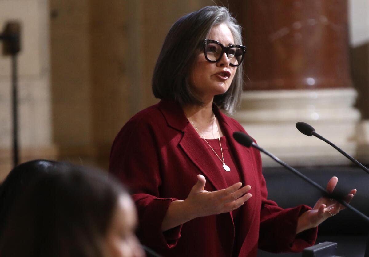 Los Angeles City Councilmember Monica Rodriguez speaks at a council meeting.