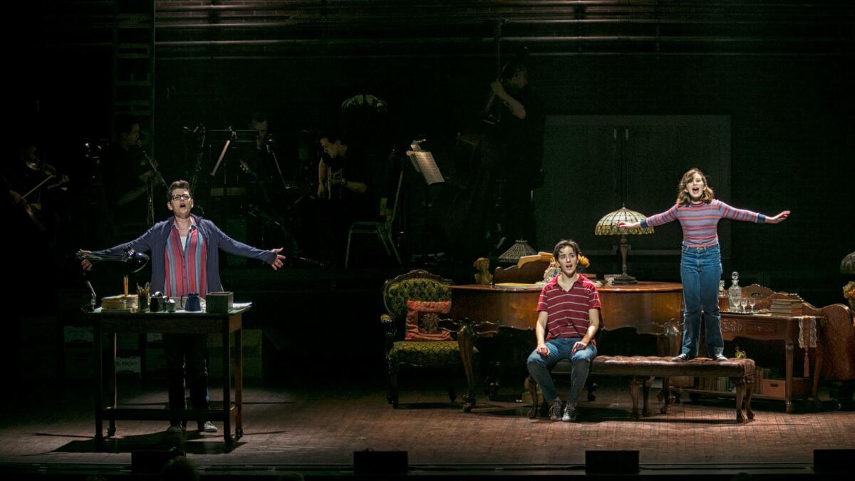 Kate Shindle, left, onstage with the two other versions of her "Fun Home" character: Abby Corrigan as Medium Alison, and Alessandra Baldacchino as Small Alison.