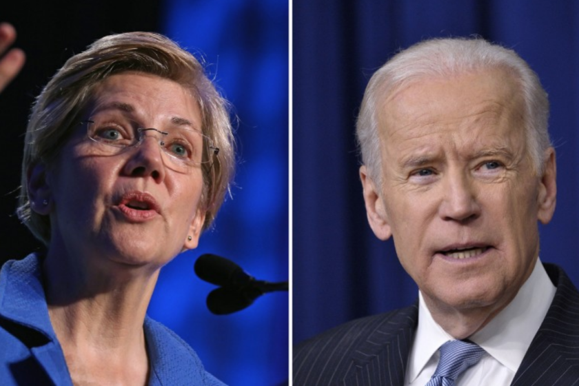 La senadora Elizabeth Warren, izquierda, se dirige a la Cumbre Nacional de Progreso en Washington. El vicepresidente Joe Biden habla durante una ceremonia.