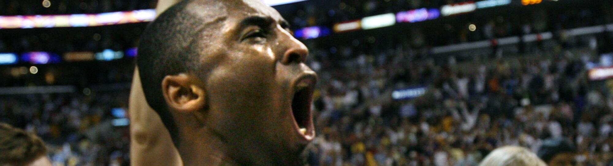 Skalij, Wally –– – Lakers Kobe Bryant celebrates his game–winning shot in overtime against the Phoenix Suns in Game 4 of the NBA Western Conference first round playoffs at Staples Center Sunday, April 30, 2006.