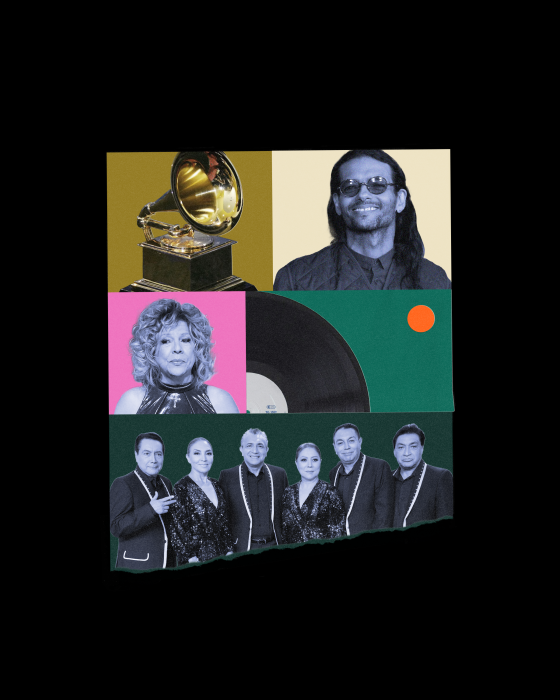 Collage of Draco Rosa, Albita, Los Ángeles Azules and a Grammy award