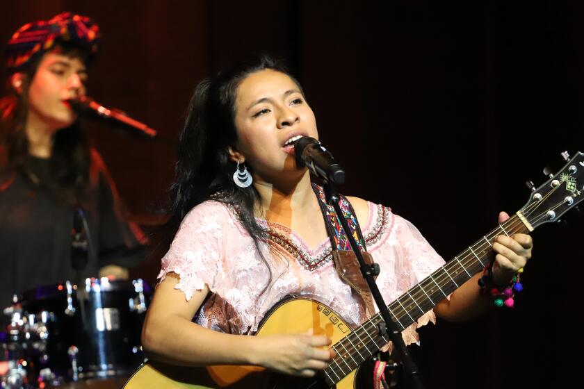 Sara Curruchich performs during the sounds of LA 2024 at the Harold M. Williams Auditorium at the Getty Center in Los Angeles on Saturday, April 13, 2024. Sara Curruchich born in a Mayan community in the central highlands of Guatemala is the first indigenous Guatemalan singer-songwriter to perform in her mother tongue as well as in Spanish.