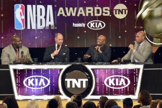 Shaquille O'Neal, from left, Ernie Johnson, Kenny Smith and Charles Barkley speak at the NBA Awards 