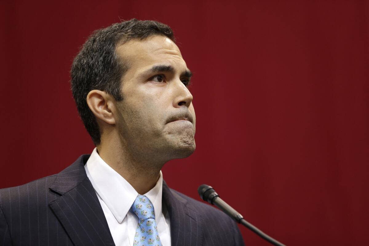 George P. Bush delivers his victory speech after winning the race for Texas land commissioner Tuesday, Nov. 4, 2014, in Austin, Texas. (AP Photo/David J. Phillip) ** Usable by LA, DC, CGT and CCT Only **