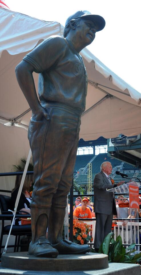 Former Orioles manager Earl Weaver speaks after the unveiling of his statue.