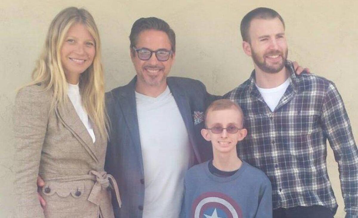 Actors Gwyneth Paltrow, Robert Downey Jr. and Chris Evans made a surprise visit Monday to the home of Marvel Comics superfan Ryan Wilcox, a Fletcher Hills teenager battling leukemia.