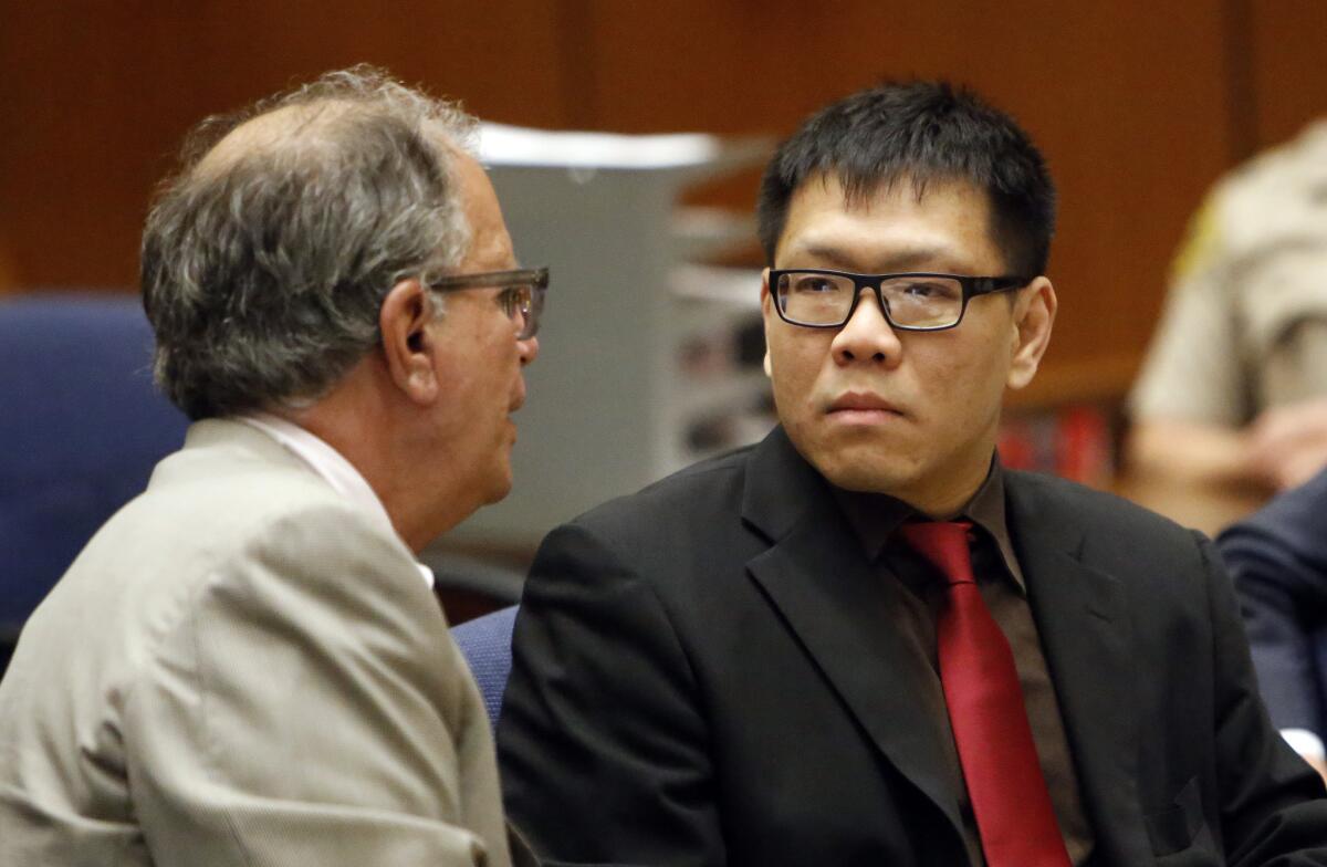 Jonathan Lai, right, with his attorney Ira Salzman during hearing January 21, 2015, at a downtown Los Angeles courtroom. Lai was found not guilty on Monday of two assault charges.