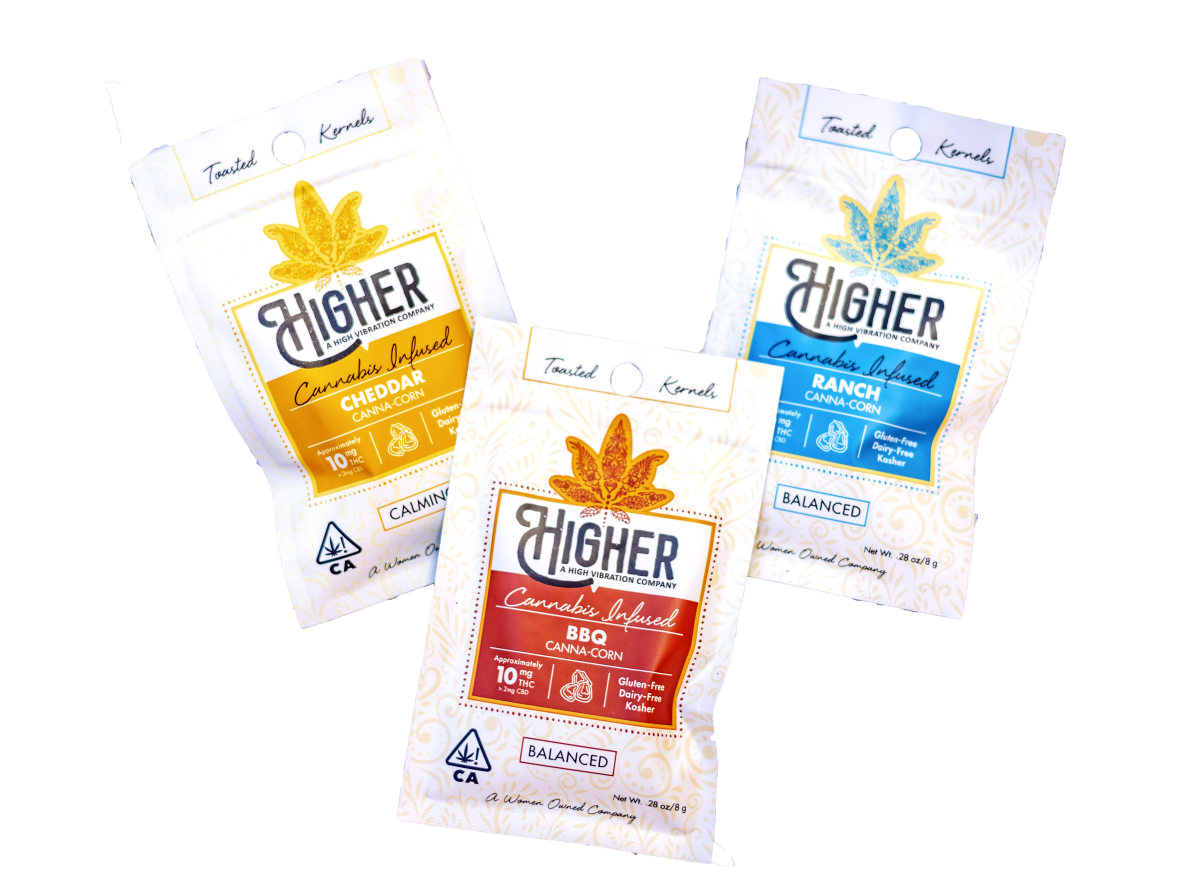 Three packages of different-flavored snacks with the word "Higher" in capital letters.
