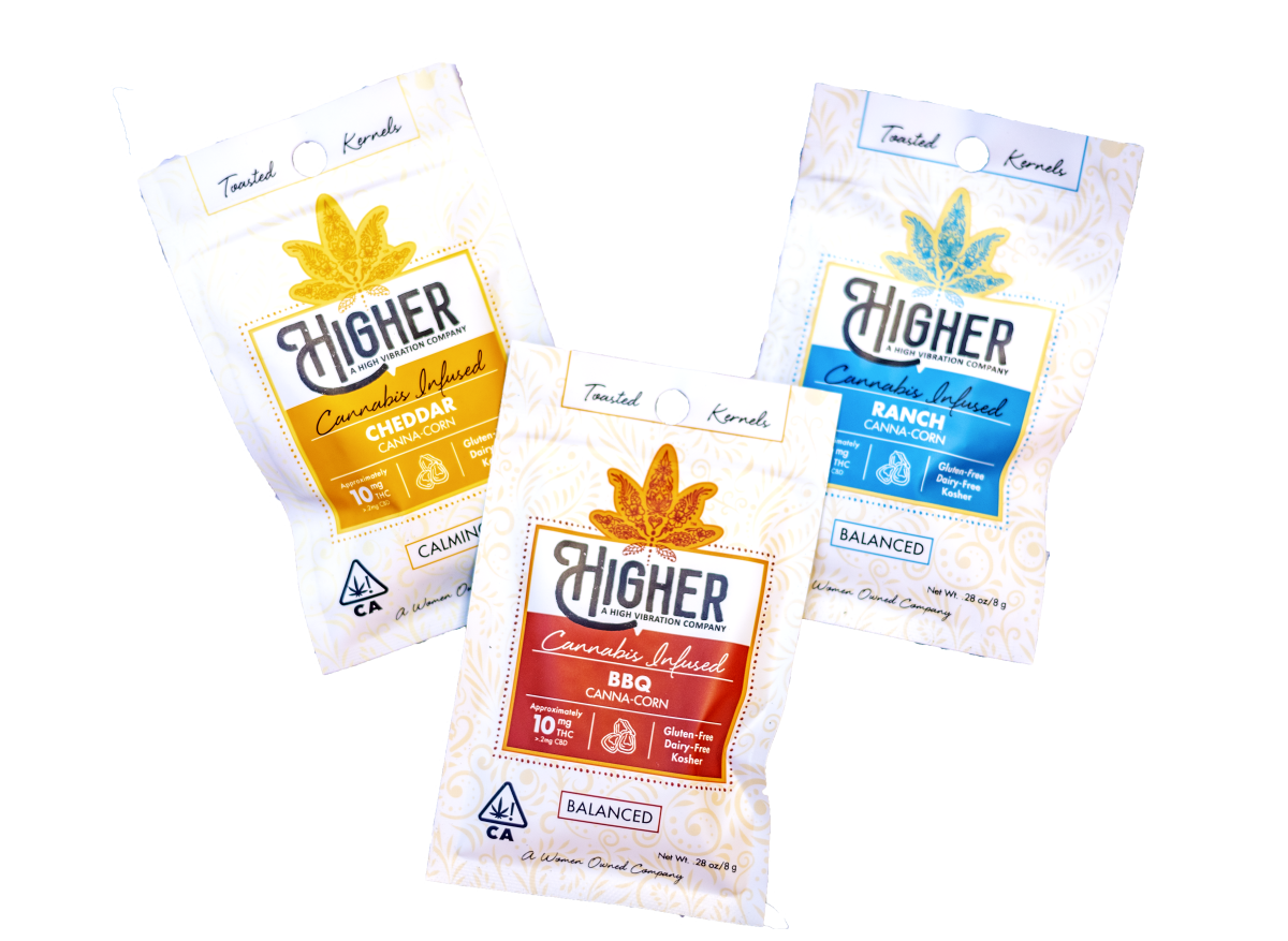 Three packages of different-flavored snacks with the word