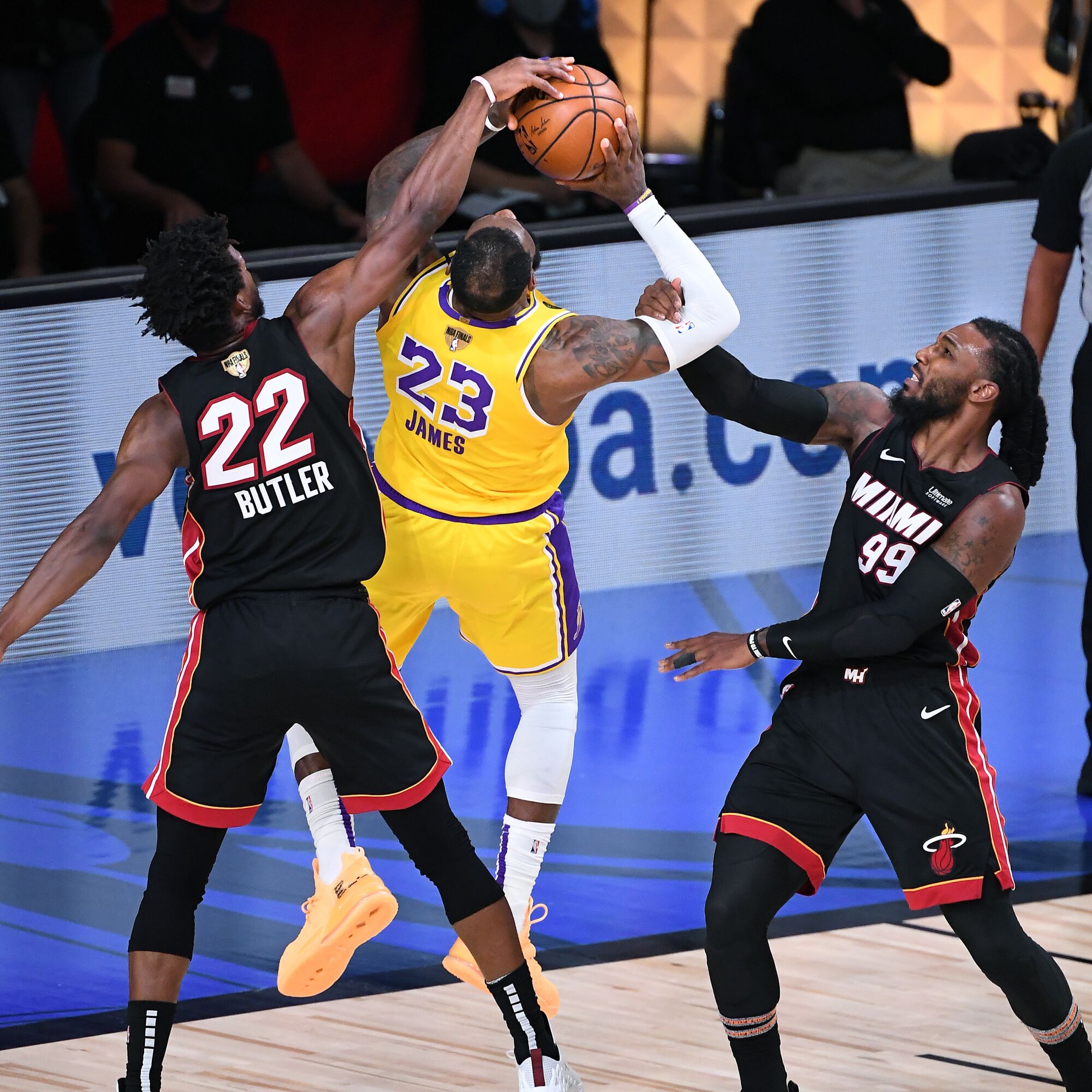 Lakers forward LeBron James draws a foul from Heat forward Jae Crowder during Game 4