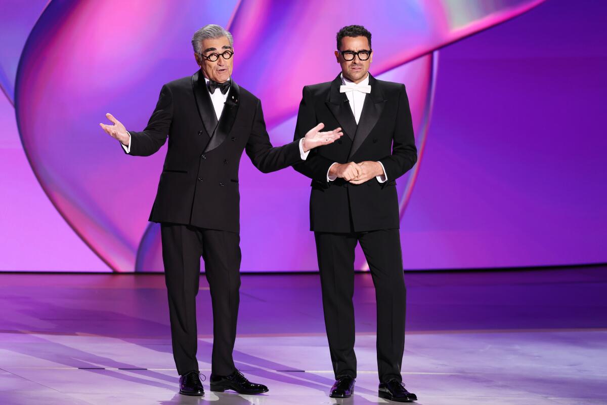 Father-son duo Eugene Levy and Dan Levy host the 2024 Emmy Awards.