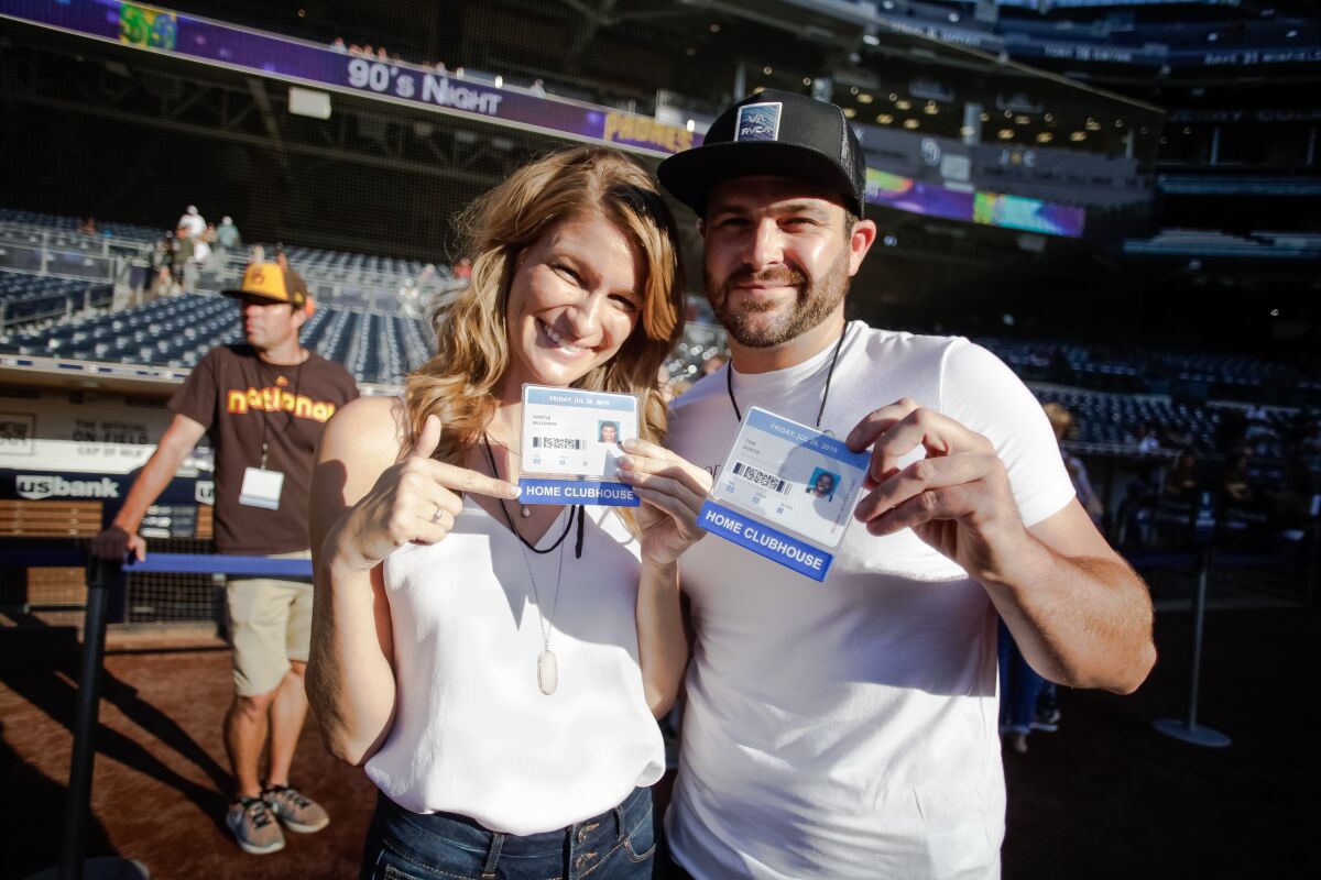 A photo of September blind daters Tom and Kristle  on a blind date at Petco Park. 