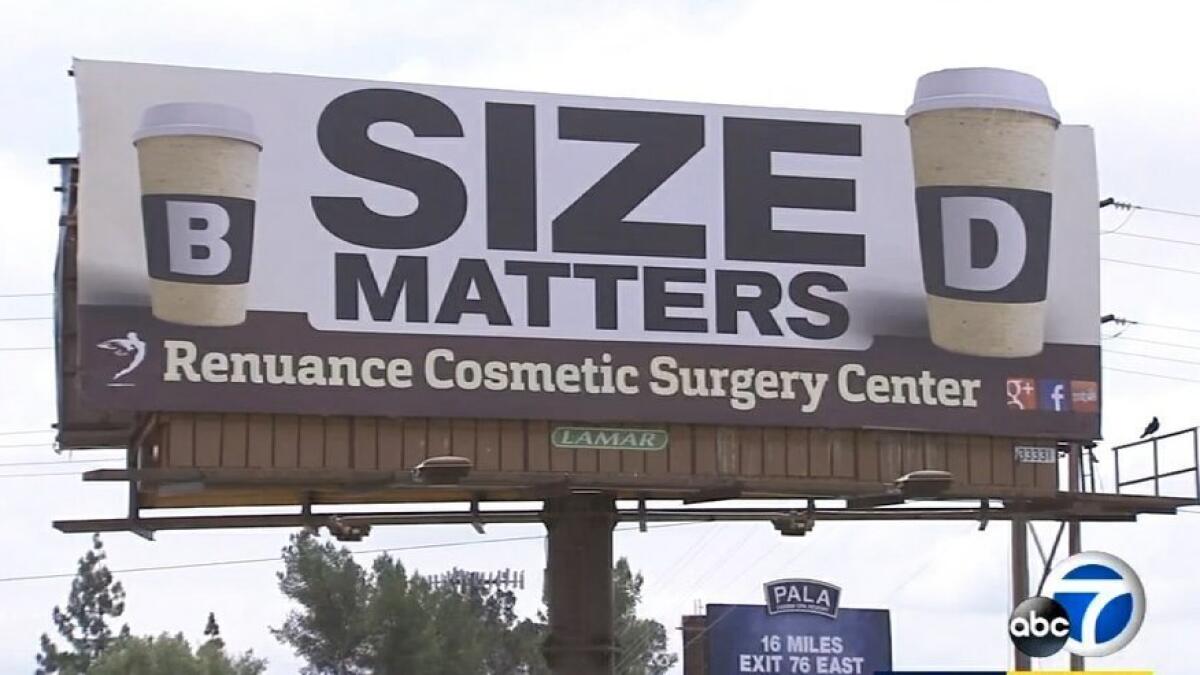 Plastic surgery billboard that declares 'size matters' causes controversy - Los  Angeles Times