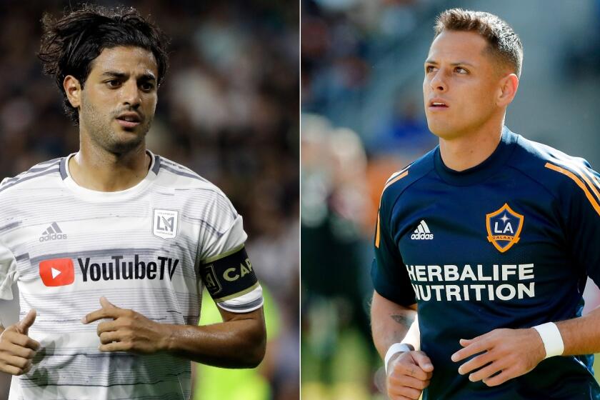 A split-image photo of LAFC's Carlos Vela, left, and Galaxy's Javier “Chicharito” Hernández