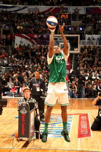 Paul Pierce of the Boston Celtics shoots a 3-pointer during the Foot Locker Three-Point Contest as part of 2011 NBA All-Star weekend.