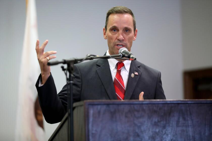 LANCASTER, CALIF. -- MONDAY, SEPTEMBER 10, 2018: Incumbent Rep. Steve Knight (R-Palmdale) answers questions from the moderators at the Lancaster Chamber of Commerce and Lancaster West Rotary Congressional Forum at the Hellenic Center in Lancaster, Calif., on Sept. 10, 2018. (Gary Coronado / Los Angeles Times)