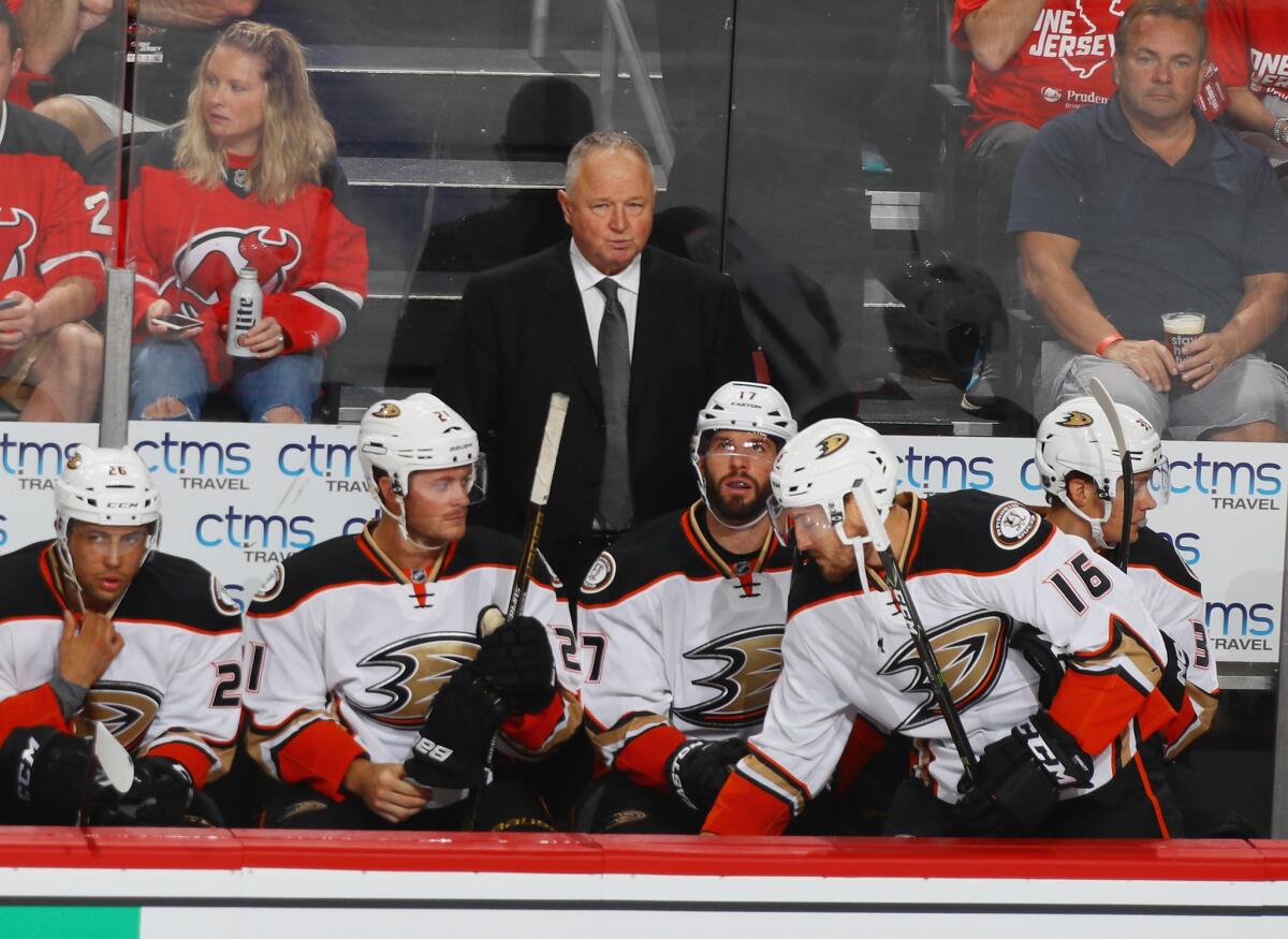 Ducks Coach Randy Carlyle watches from the bench during a game against the New Jersey Devils on Oct. 18.