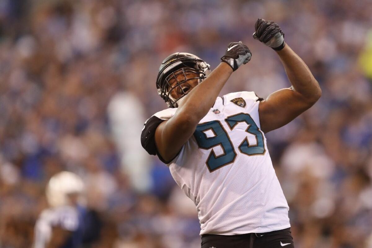 Jaguars defensive end Calais Campbell (93) celebrates a sack against the Indianapolis Colts during the second half of a game on Oct. 22.