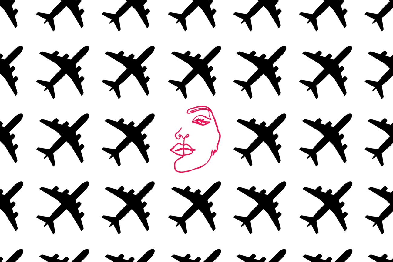 An illustration of a face making expressions and surrounded by airplanes