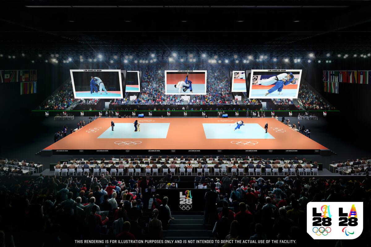 An artist's rendering of the Olympic judo competition at the Los Angeles Convention Center.